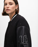 Bomber Jacket with Beading and Faux Leather Details