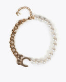 Short Leopard Logo Necklace with Chains and Pearls