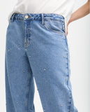High Waist Straight Fit Jeans with Rhinestones