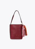 lf2604058-Faux leather shoulder bag with pompoms-Bordeaux