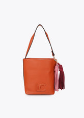 lf2604058-Faux leather shoulder bag with pompoms-Orange