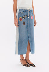 lf2608005-Denim and Jersey Combo Skirt with Patches-Gray Denim