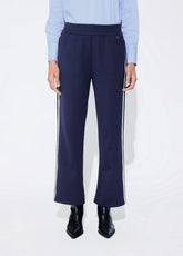 lf2614010-Jogger trousers with two-tone side band detail and blue rhinestones-Medium Blue