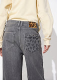 lf2614017-Leopard straight camal jeans with matching leather effect-Dark Grey