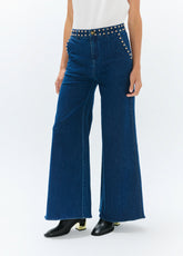 lf2614030-Flared denim with studs on waistband and front pockets-Blue-Denim