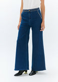 lf2614030-Flared denim with studs on waistband and front pockets-Blue-Denim