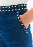 lf2614030-Flared denim with studs on waistband and front pockets-Blue-Denim