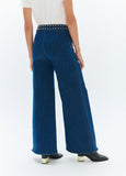 lf2614030-Flared denim with studs on waistband and front pockets-Blue-Denim