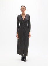 lf2616007-Long dress, v-neck with knot and long sleeves, fantasy fabric.-Black