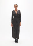 lf2616007-Long dress, v-neck with knot and long sleeves, fantasy fabric.-Black