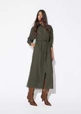 lf2616015-Khaki shirt dress contrast animal print-Green-Multicolor