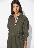 lf2616015-Khaki shirt dress contrast animal print-Green-Multicolor