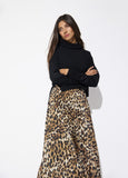 lf2616017-Combo dress with pleated skirt in animal print-Brown-Black