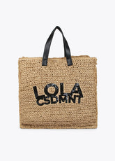 Raffia-effect bag with glittery logo detail