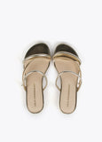Flat sandals with metallic straps and gold heel