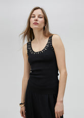 Knit top with rhinestone neckline
