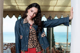 Short Denim Jacket with Leopard Collar and Flap Details