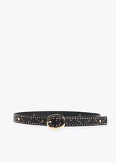 Belt with logo-embossed studs and metallic applications