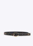 Belt with logo-embossed studs and metallic applications