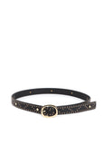Belt with logo-embossed studs and metallic applications