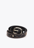 Belt with logo-embossed studs and metallic applications