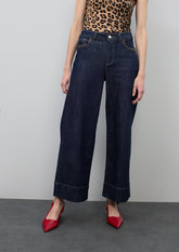 Denim culotte with leopard detail on pockets