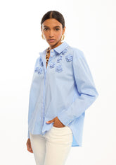 Striped Poplin Shirt with Shoulder Flowers