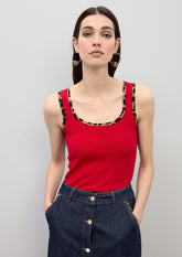 Top with Animal Print Rib Contrast