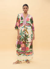 Long Dress with Wide Sleeves and Multicolor Palm Print