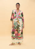 Long Dress with Wide Sleeves and Multicolor Palm Print
