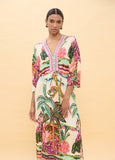Long Dress with Wide Sleeves and Multicolor Palm Print