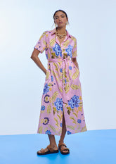 Satin Shirt Dress with Short Sleeves Floral Print