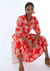 V-Neck Puff Sleeve Paisley Dress