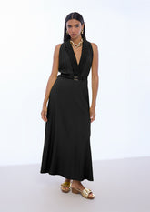 V-neck Dress with Buckle Waist