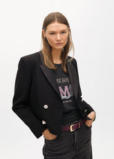 Short Blazer with Animal Print Lapel and Jewel Buttons