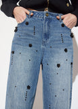 mf2614023-Straight denim with rhinestones and black flower rhinestones-Blue-Denim
