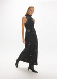 mf2616003-Sleeveless, long circular dress with strass detail positioned drawings-Black
