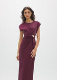 mf2616007-Roma knit dress with lurex, midi and sleeveless with knot and gold piece in the center-Red Wine/Burgundi
