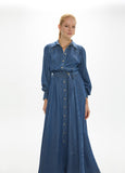 mf2616008-Denim midi dress, puffed sleeves with gold pearl details and belt-Medium Blue