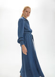mf2616008-Denim midi dress, puffed sleeves with gold pearl details and belt-Medium Blue