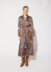mf2616010-Boho midi dress, with golden rhinestone details, elastic on the cuffs and belt with gold buckle-Blue-Multicolor