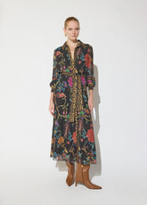 mf2616011-Pleated midi dress printed with contrasting placket-Brown-Multicolor
