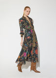 mf2616011-Pleated midi dress printed with contrasting placket-Brown-Multicolor