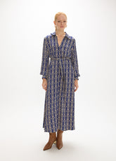 mf2616016-Monogrammed chain print midi dress with belt-Blue-Ecru