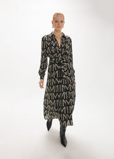 mf2616018-Long dress with draws in monogram polka dot print-Black-Ecru
