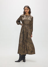 mf2616021-Printed midi dress with round neck and fantasy fabric-Brown-Multicolor