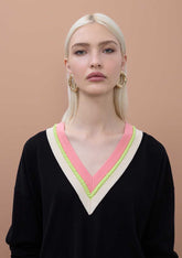 Contrast V-Neck Sweater with Braid Detail