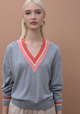 Contrast V-Neck Sweater with Braid Detail