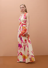 V-neck Dress with Adjustable Belt and Floral Print