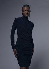 12465007-Draped dress with shoulder pads detail-Blue